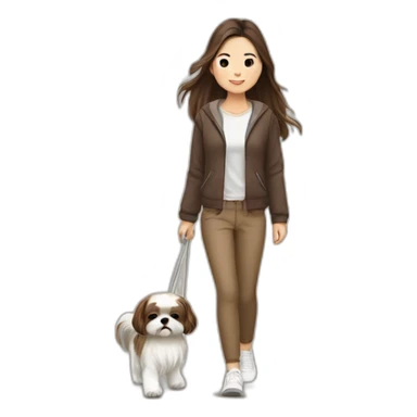 a asian girl with long brown hair walking with a white and brown shih tzu sticker