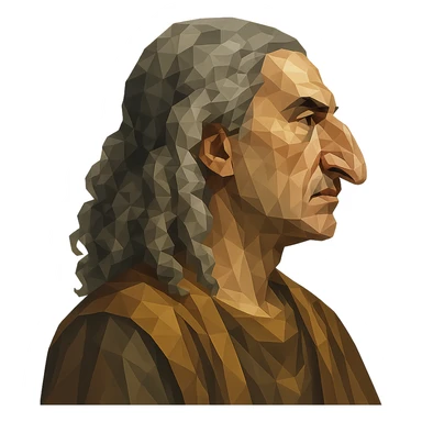 polygonal style profile portrait of an Egyptian historian with long curly grey hair, wearing an Egyptian cloak, large aquiline nose sticker