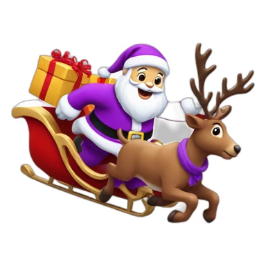 Santa Claus dressed in purple running with his sleigh and reindeer to deliver presents sticker
