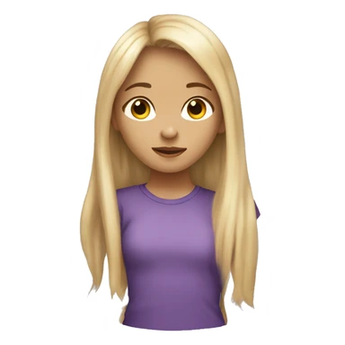 12 years old girl with blond hair and long hair with bang, with a purple shirt and a baggy jean and light skin sticker