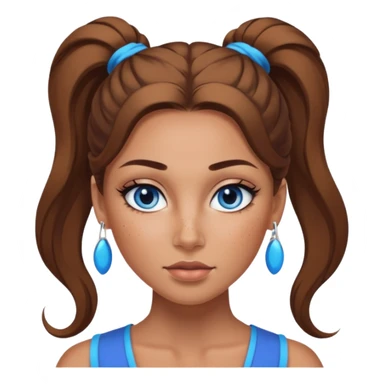 Attractive Woman with tan skin, baddie style, blue eyes, wide face, freckles, and a long voluminous ponytail and dark eye makeup sticker