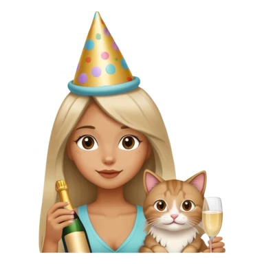 A long-haired girl wearing a birthday hat holding a cat and drinking champagne sticker