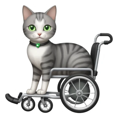 full body small short hair dark grey and white cat with green eyes walking in a wheelchair for cats sticker