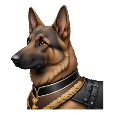 Cinematic Noble Tan/Black German Shepherd Portrait Emoji, Poised and regal, with a strong, athletic build and a dense, well-groomed coat in rich tan accented by a classic black saddle, deep-set soulful brown eyes, Simplified yet sharp and sophisticated features, highly detailed, glowing with a soft, dignified glow, high shine, intelligent and loyal, stylized with an air of authority, focused and attentive, soft glowing outline, capturing the essence of a watchful and commanding guardian, so majestic it feels as though it could stride out of the screen with effortless authority! sticker