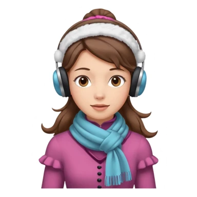 Victorian ice skater in a long dress. She is wearimg a scarf and earmuffs. She has boriwn hair. sticker