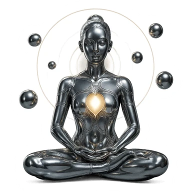 chrome style woman meditating in the lotus position with an open chest revealing a glowing light or energy inside, surrounded by spiraling spheres and a glowing aura, highly polished sticker