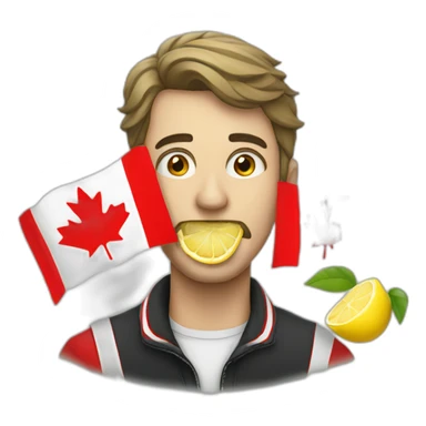 a man with a lemon in his mouth and the flag of Canada behind him sticker