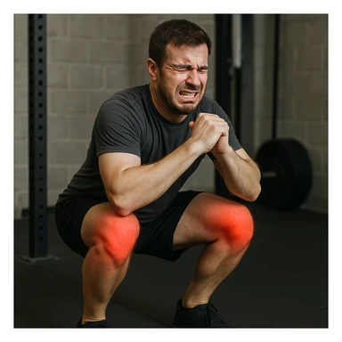 uomo che fa squat pieno di dolori e rossori articolari, per tecnica errata sticker