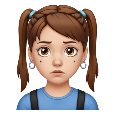 a white girl with brown hair in short pigtails with piercings frowning sticker