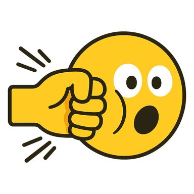 flat-toon style side view, yellow emoji fist punches yellow emoji face, face with squished cheek, surprised eyes, comic motion lines, clean modern emoji style sticker