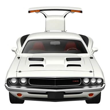 Solid white 1971 Dodge Challenger viewed from 30-degree angle, showcasing front grille and side profile, completely white paint job, Death Proof movie car, iOS emoji style sticker