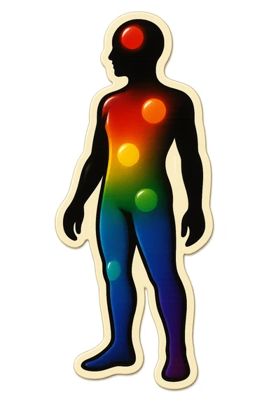 silhouette of a person with multicolored dots on different parts of the body, symbol of psychosomatic zones, retro sticker style, clear contours, shadows and highlights, psychosomatic theme sticker
