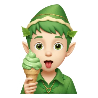 
A young elf boy in leafy clothes licking a triple-scoop ice cream with wide eyes.

 sticker