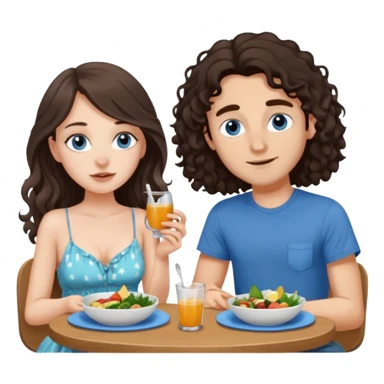 white girl, dark brown long slightly curly hair , skinni but with big breast , septum piercing on nose, beautiful dark gray-blue eyes, having luch with her bf  sticker