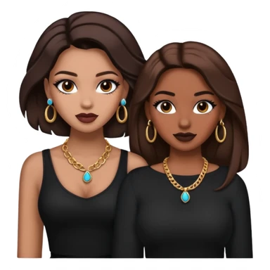 Boujy baddie best friends, trendy heavy makeup both dark hair one light skinned and one mocha brown pretty hair style both wearing black and earrings and necklace one mocha brown skin sticker