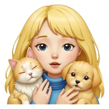The girl with yellow bangs covered her throat with her hands and closed her eyes. She was surrounded by a golden retriever, two cream-colored cats, and a long-haired blue and white cat. sticker