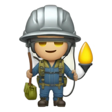 Homme en cuissarde de pêche avec un casque une lampe à huile et un sac speleo sticker