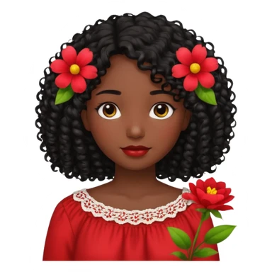 A girl with shoulder-length curly hair, dark skin, and black hair is wearing a red blouse with flowers. sticker