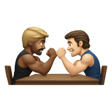Two men armwrestling sit in front of a table. White men. Brown hair  sticker