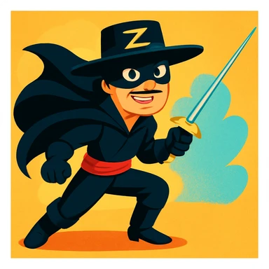 Zorro, masked vigilante with a hat and cape, in a dynamic pose, vibrant cartoon style sticker