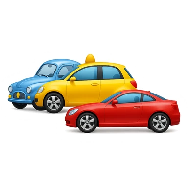 Combine the three cars (red, blue, yellow) into one emoji, all side by side, in the style of apple emojis, with no background. sticker