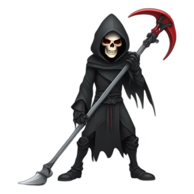 a cartoon character of Grim Reaper holding a scythe, crown, skull, hood, red eyes sticker