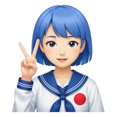 Energetic anime girl with short blue hair wearing Japanese sailor style school uniform, winking and making peace sign, kawaii style sticker