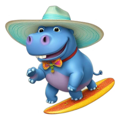 Blue hippo with a sombrero surfing sticker