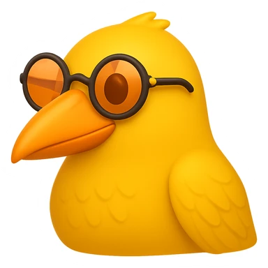 Make the bird emoji more emoji-like, keeping the detailed, slightly cartoonish style and subtle emoji shine. Define the feathers just a bit more than before, but keep it clean and not too realistic. Keep the orange beak and round sunglasses. Bird looking to the right. No background. sticker