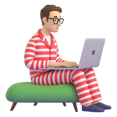 man in striped pajamas typing on a laptop, emoji style sticker