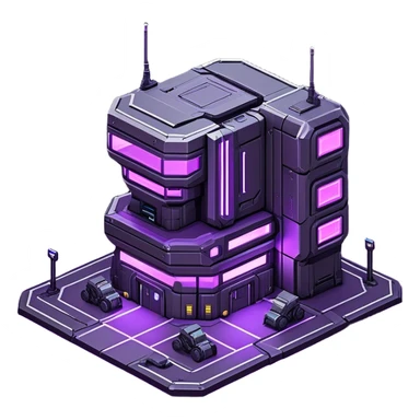 StarCraft-inspired, isometric RTS building with a rugged Terran look: thick metal plating, cyberpunk, neon, purple, rivets, subtle wear, and a gunmetal palette plus one accent color. Add minimal glowing panels for a high-tech feel. Keep it compact—like a forward outpost—and show it from a clean isometric angle, emphasizing an industrial sci-fi style and clear silhouette. sticker