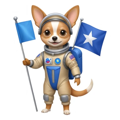 a chihuahua in space suit, holding blue rectangle flag, full body, front view sticker
