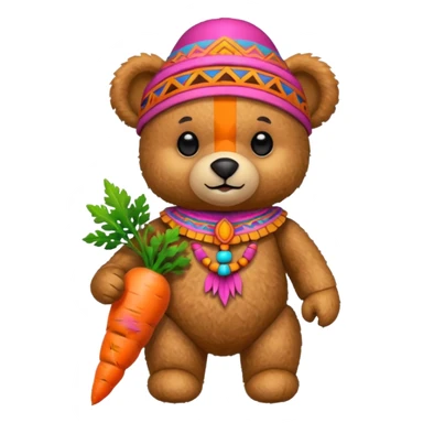 teddy bear, wearing pink mayan ancient custome, with carrot sticker