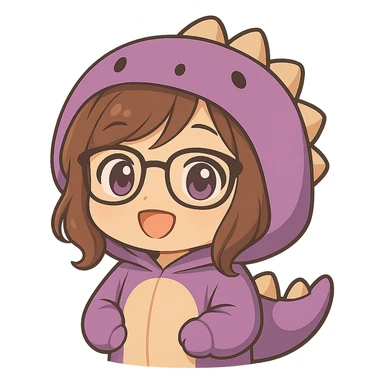 Edit the image to depict a chibi anime style girl with glasses, brown hair, dark purple eyes, wearing a purple dinosaur costume, hands down, keep everything else the same, with no background, same style as reference. sticker