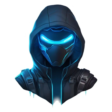 developer behind his laptop with this style : crysis Cyberpunk Valorant neon glowing bright blue character blue black hooded assassin themed character sticker