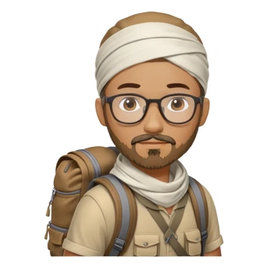 adventurer with goatee beard (no beard on cheeks), short hair, glasses, bandana on head and backpack sticker