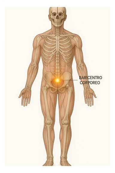 Anatomical, vertical medical illustration of the human body in a neutral standing position, highlighting the body's center of gravity (baricentro corporeo) with a glowing dot or sphere at the correct anatomical location. Transparent overlay shows skeletal and muscular structures. Clean, educational style, white background, clear labels, vertical format. sticker