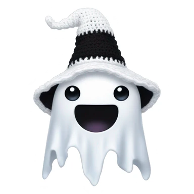 white shaped adorable crocheted ghost. it has only two black pearl shaped eyes (no mouth)  and wearing a black pointy witch hat. sticker