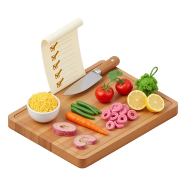 Ingredients on teh wooden cutting board with floating list with check box sticker