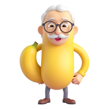 elderly banana with hunched posture, gray mustache, spectacles, soft smile, simple background sticker