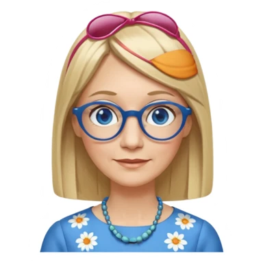 50 yr old white woman, hippie parted very long hair, short bangs, very long straight blond hair, oval face, small smile, blue eyes, thin face, hair downback, hair parted at center of head, round cheeks, pale, longer hair, business dress, long hair, big glasses sticker