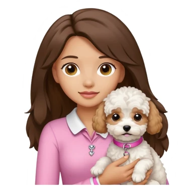 Kendall Jenner style brunette with long hair holding a white Maltipoo dog with a pink collar sticker
