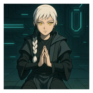  a closeup portrait of young woman with gold yellow eyes, white hair, long braid, black off-shoulder top, punk gothic style, futuristic cyberwave cyberpunk,  jedi attire, kneeling and gathering chi, jedi meditate sticker