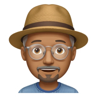 Brown man with wide rimmed hat no hair, gray goatee, clear glasses and slightly smiling sticker