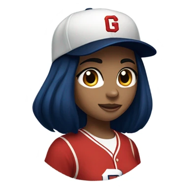 Black long hair girl wearing navy ballcap emblazoned with a red G initial and wearing baseball uniform sticker