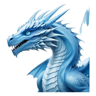 Cinematic Noble wise elegant Ice Dragon Portrait Emoji, Poised and imposing, distinct long elegant snout, with a slender, scaled body shimmering in glacial hues of icy blue, frostbitten silver, and crystalline white, breathing out frost, with piercing, glowing ice blue white eyes that radiate the chilling depths of an arctic storm; rendered in detail. Breathing out a frost mist sticker