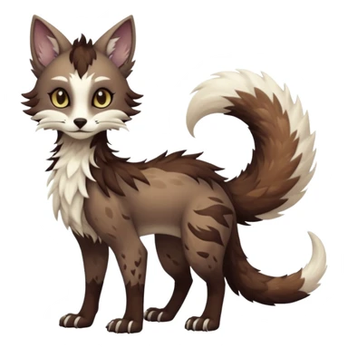 Kawaii dark edgy brown beige white fantasy ethereal feline-vernid-sergal-rocruff-fursona animal creature with a tufted tail full body with intricate markings  sticker