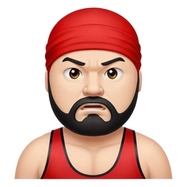 White skin fat guy with prominent black durag, short black beard, black eyes in a red and black wrestling singlet with angry face sticker