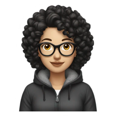 white Girl with black curly hair, ear piercings and smile,fleece jacket and glasses on her head sticker