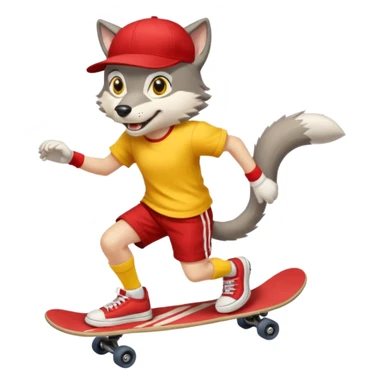 A gray wolf with large, expressive eyes and a friendly smile. The gray wolf is wearing a bright yellow T-shirt, red shorts, white knee socks, and sneakers. The baseball cap is on backwards. The wolf is preparing to perform a skateboarding trick. sticker